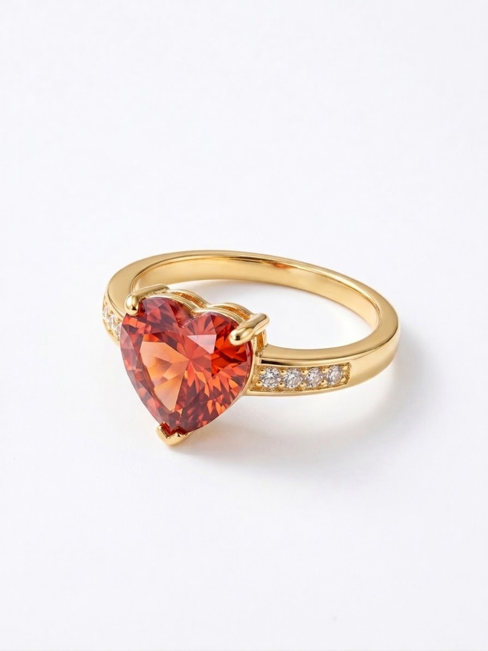 14k Gold - Filled Ring with Heart-Shaped Red Gem and Pavรฉ Accents
